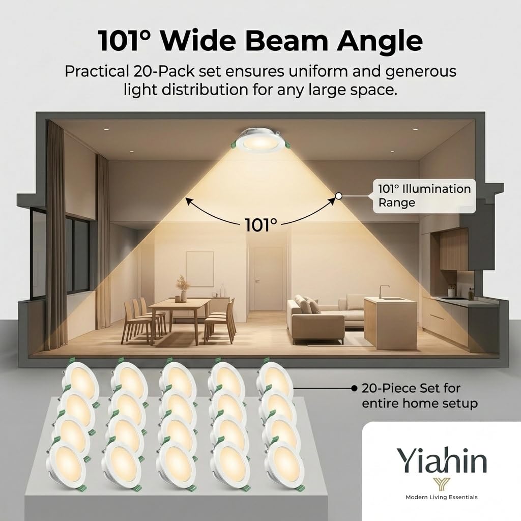 Lot de 20 Spot LED Encastrable 4W, 3000K Blanc Chaud, 339LM Plafonnier Encastrable Extra Plat, Non Dimmable, Éclairage Intérieur pour Salon Cuisine Chambre, Ø92mm