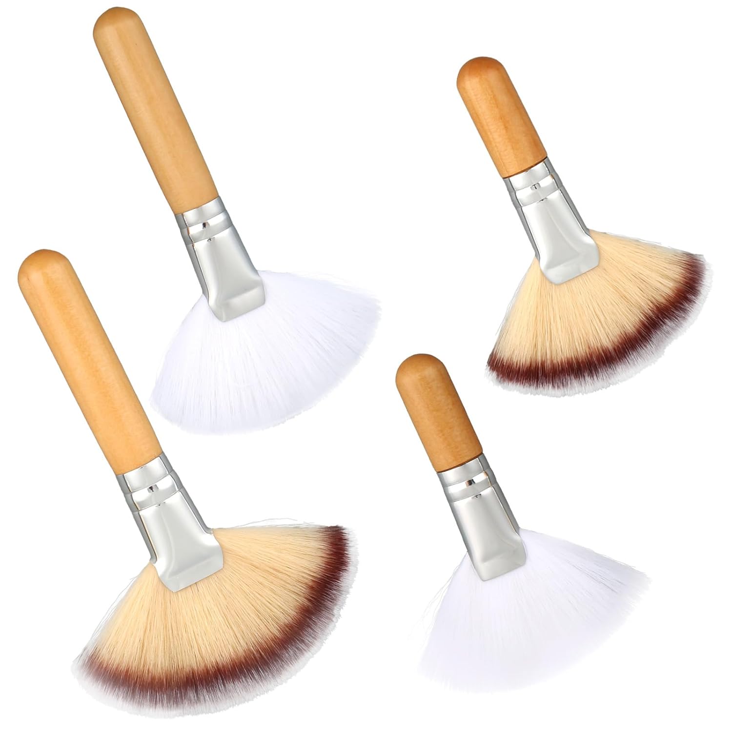 4pcs Fluffy Fan Brushes for Face, Soft Bristle Highlighter Blush Fan Brushes Esthetician Supplies Set with Long & Short Handles for Powder Loose Makeup Women Girls