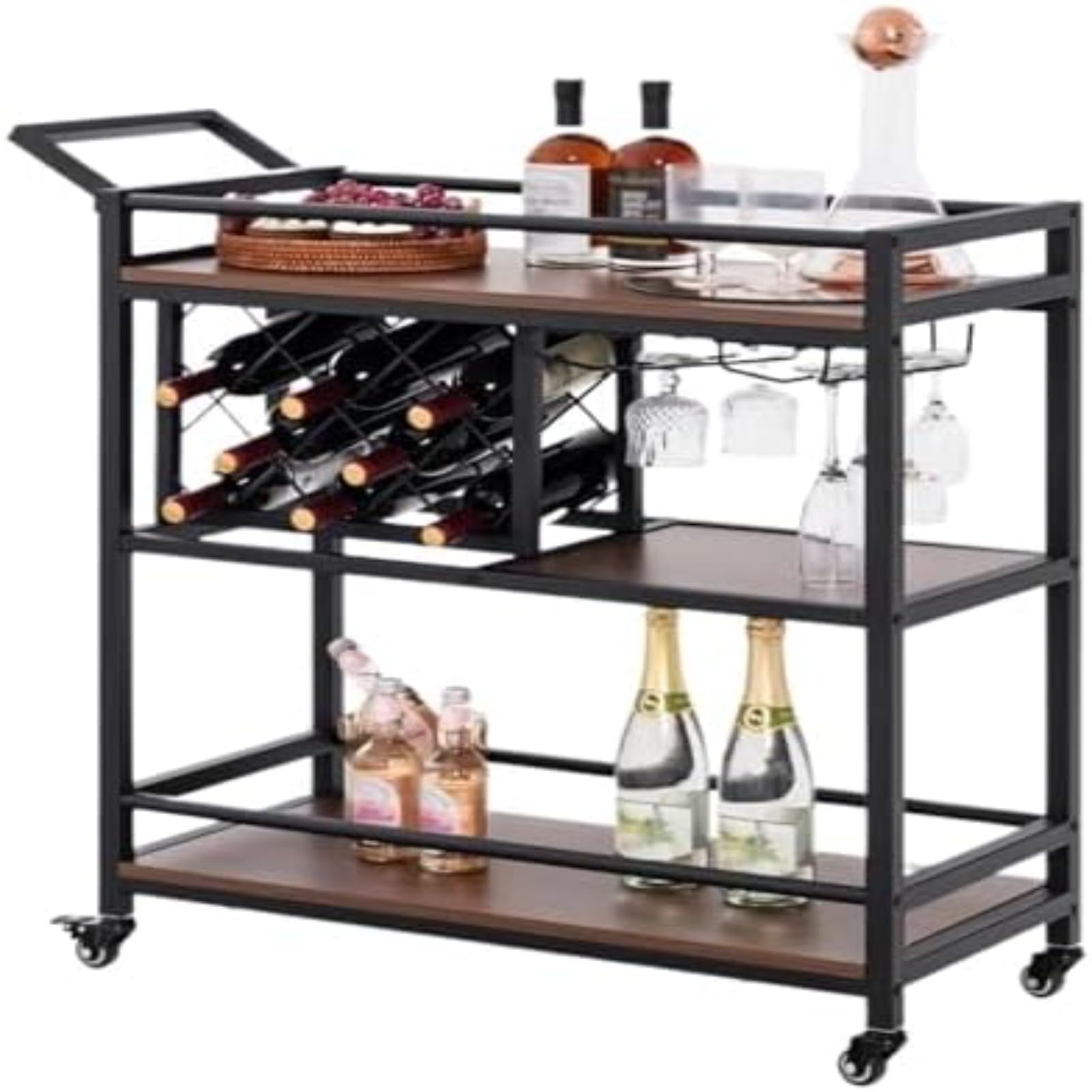 Carrito de bar industrial con ruedas de seguridad y tres niveles de almacenamiento
