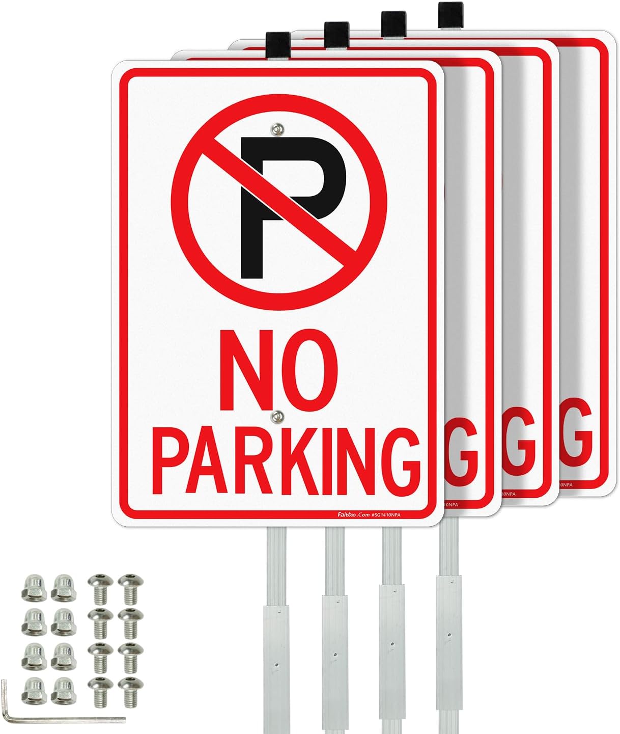 Faittoo No Parking Signs with 36" Stake for Outside, 4-Pack 14"x10" Rust Free Heavy Aluminum, Reflective, Fade Resistant, 2 pre-drilled holes, Includes Matching Screws & Wrench, Easy to Mount