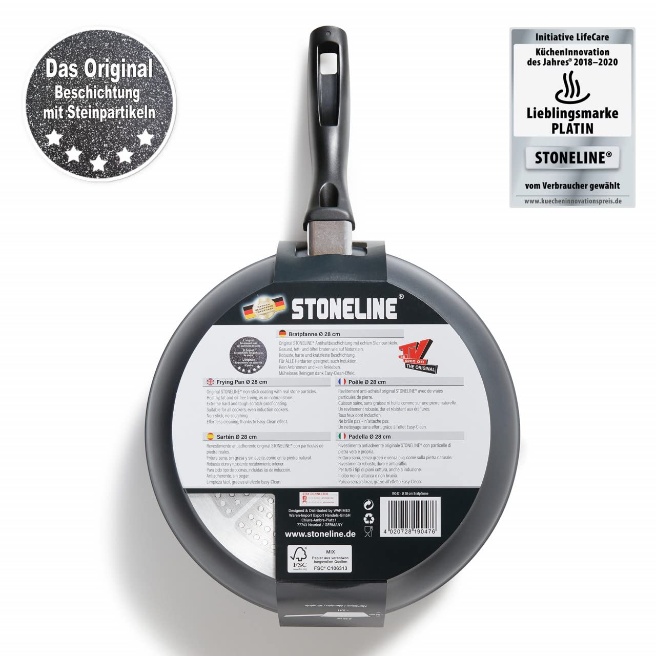 STONELINE Made in Germany Bratpfanne 28 cm, antihaft beschichtete Pfanne mit echten Steinpartikeln, alle Herdarten inkl. Induktion, Fett oder Öl freies Braten