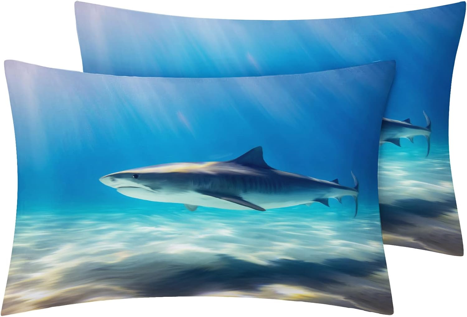 Great White Shark Pillow Cases Standard Size Set of 2 Sea Animal Pillowcase for
