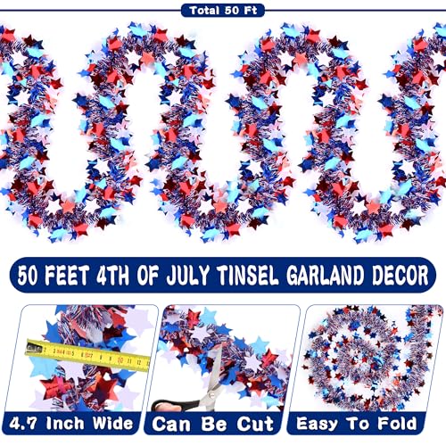 Image of 50 Feet Patriotic Tinsel Garland 4th of July Decorations, Red White and Blue Tinsel Garlands Metallic Glitter Garland for Fourth July Independence Day Memorial Day Outdoor Indoor Decor
