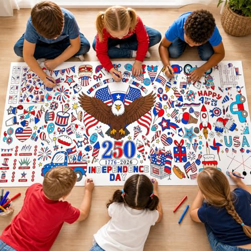 GULWAT 250th Anniversary Giant Coloring Poster for Kids, USA 1776-2026 Patriotic Eagle American Flag 30 x 72 Inch Tablecloth Crafts Games Activities for Independence Day Party Decoration