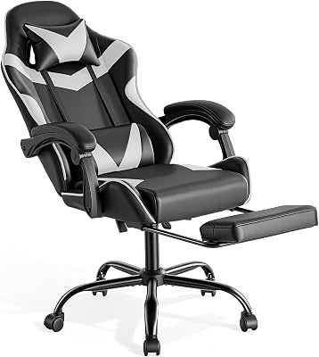 Sweetcrispy Gaming Stuhl, Gaming Chair mit Fußstütze Kopfstütze Lendenwirbelstütze, Ergonomischer PC Stuhl, Höhenverstellbarer Bürostuhl Computerstuhl, Drehbarer Schreibtischstuhl, Modernes Weiß