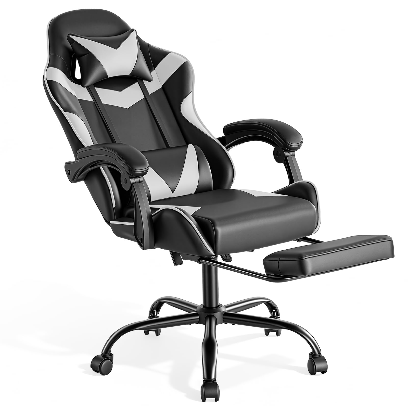 Sweetcrispy Gaming Stuhl, Gaming Chair mit Fußstütze Kopfstütze Lendenwirbelstütze, Ergonomischer PC Stuhl, Höhenverstellbarer Bürostuhl Computerstuhl, Drehbarer Schreibtischstuhl, Modernes Weiß