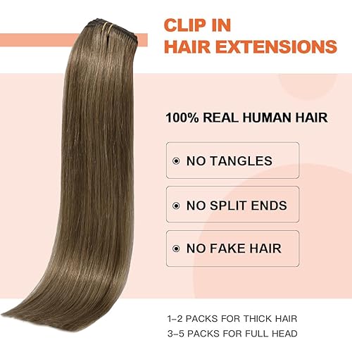 Miniatura 3 de UGOTRAYS Extensiones de cabello humano real con pinzas, color castaño ceniza, 2.47 onzas, extensiones de cabello humano Remy con clip, 12 pulgadas,