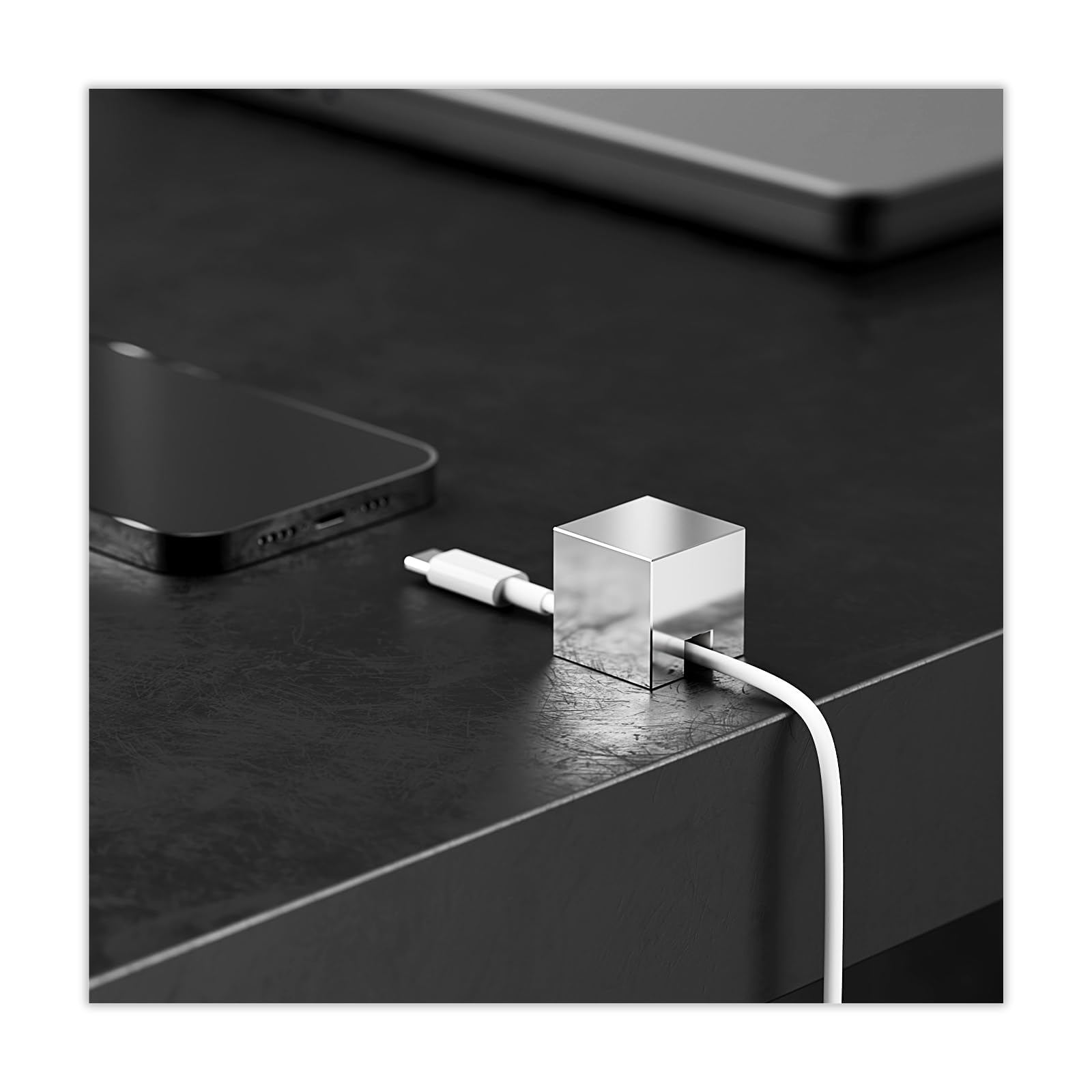 Metal Cable Holder, Weighted Cord Organiser or Management, Heavy Wire Keeper for Bedside Table, Desk, Nightstand - N2U Cube Cables Strap for Lightning, USB-C Phone Charger Cords (Silver - 1 PCS)