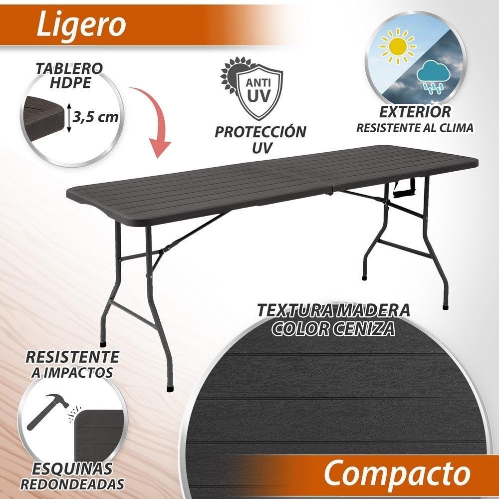 LOLAhome - Mesa Plegable maletín Gris Oscuro Efecto Madera de 180x74 cm, Resistente y fácil de Montar, con Estructura de Acero anticorrosión y HDPE. Ideal para Exterior, Catering, terraza y Eventos