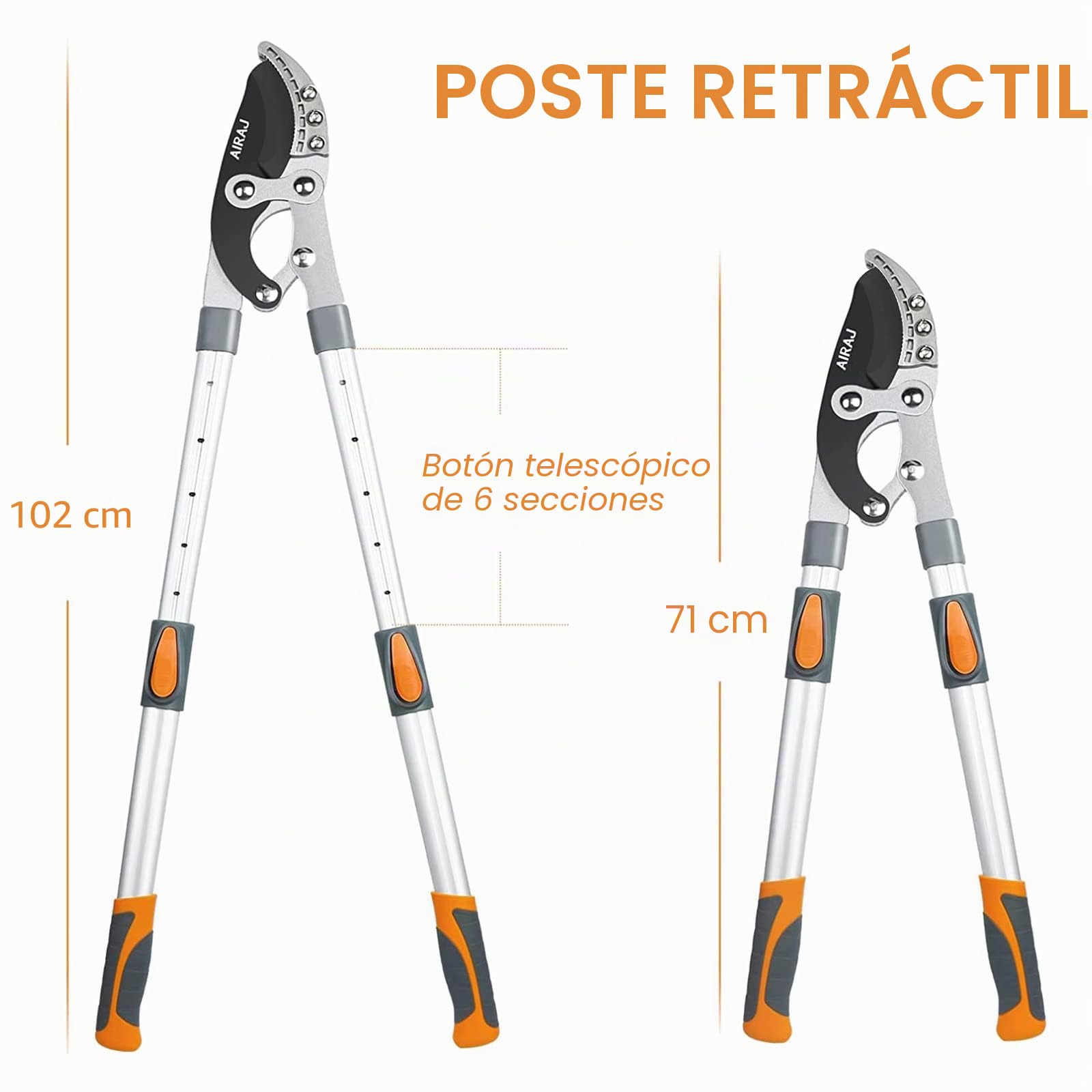 AIRAJ Tijeras telescópicas de 70 a 103 cm, resistentes, con cuchillas de repuesto, hoja de acero SK-5 y revestimiento de teflón, mango ajustable de seis vías, podadoras profesionales para árboles