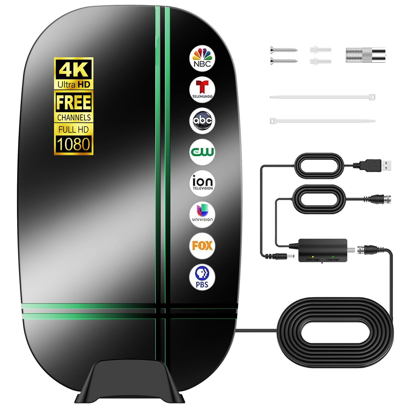 Indoor TV Antenna 360° Omnidirectional HDTV Antenna, 3500+ Miles Digital TV Antenna for Smart TV Indoor,4K 1080P Free Local Channels, Built-in Base Included, Weatherproof Antenna, RV（Brushed Black）