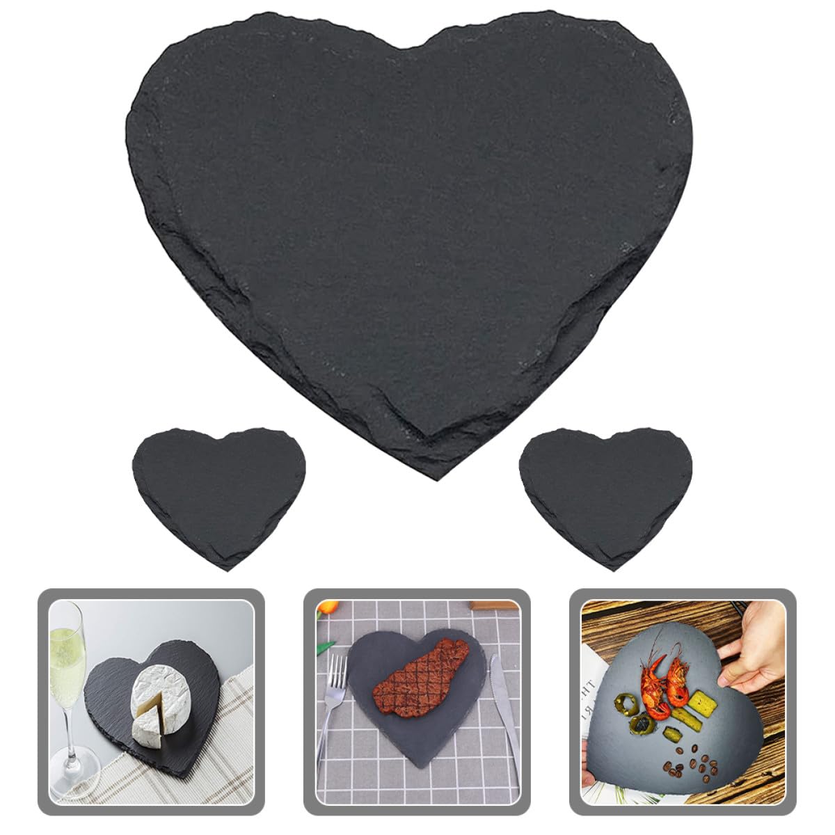 Set 3 Piatti da Dessert Piastra Multiuso per Conservazione Cibo in Ardesia Nero a Forma di Cuore per Casa