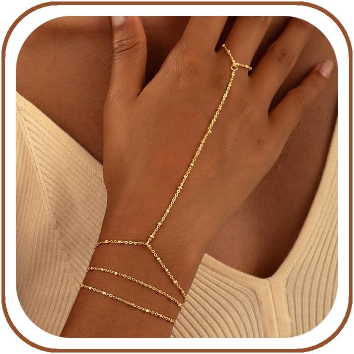 CHESKY 14K Gold Plated Hand Chain Bracelets for Women Set – Dainty Finger Ring B…