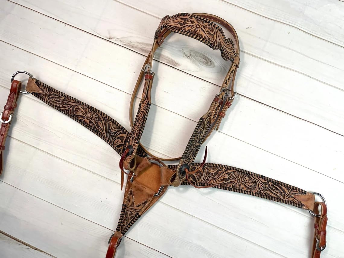Western Leather Hand Tooled Headstall and Breast Collar Set with Reins. /Size-Full,Cob,Pony AA-19