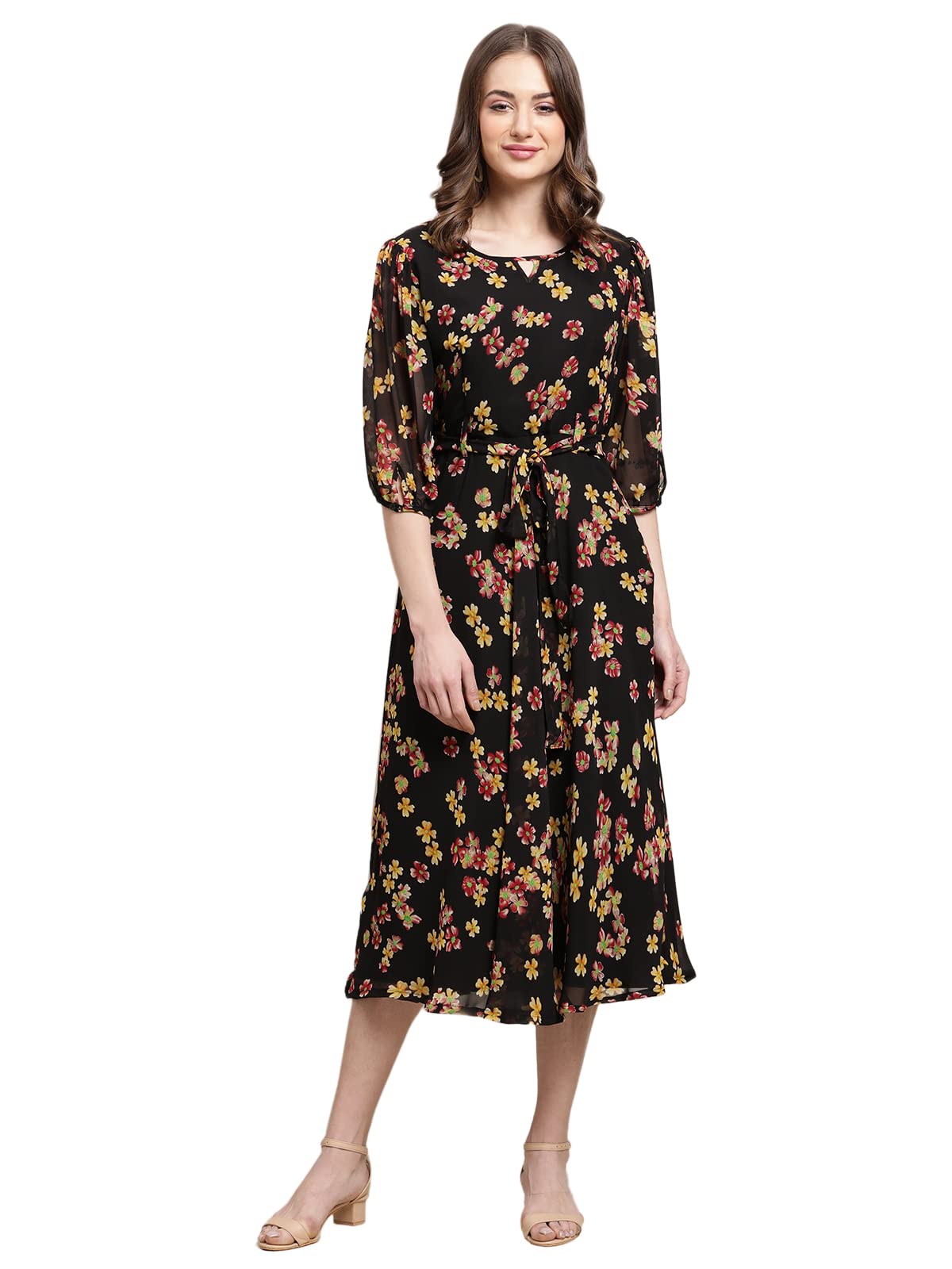 Preneum Women's Maxi Fit & Flare Latest Style Print Georgette Regular Sleeves Casual Summer Maxi Dress || Festival & Occasion, Black, Xl