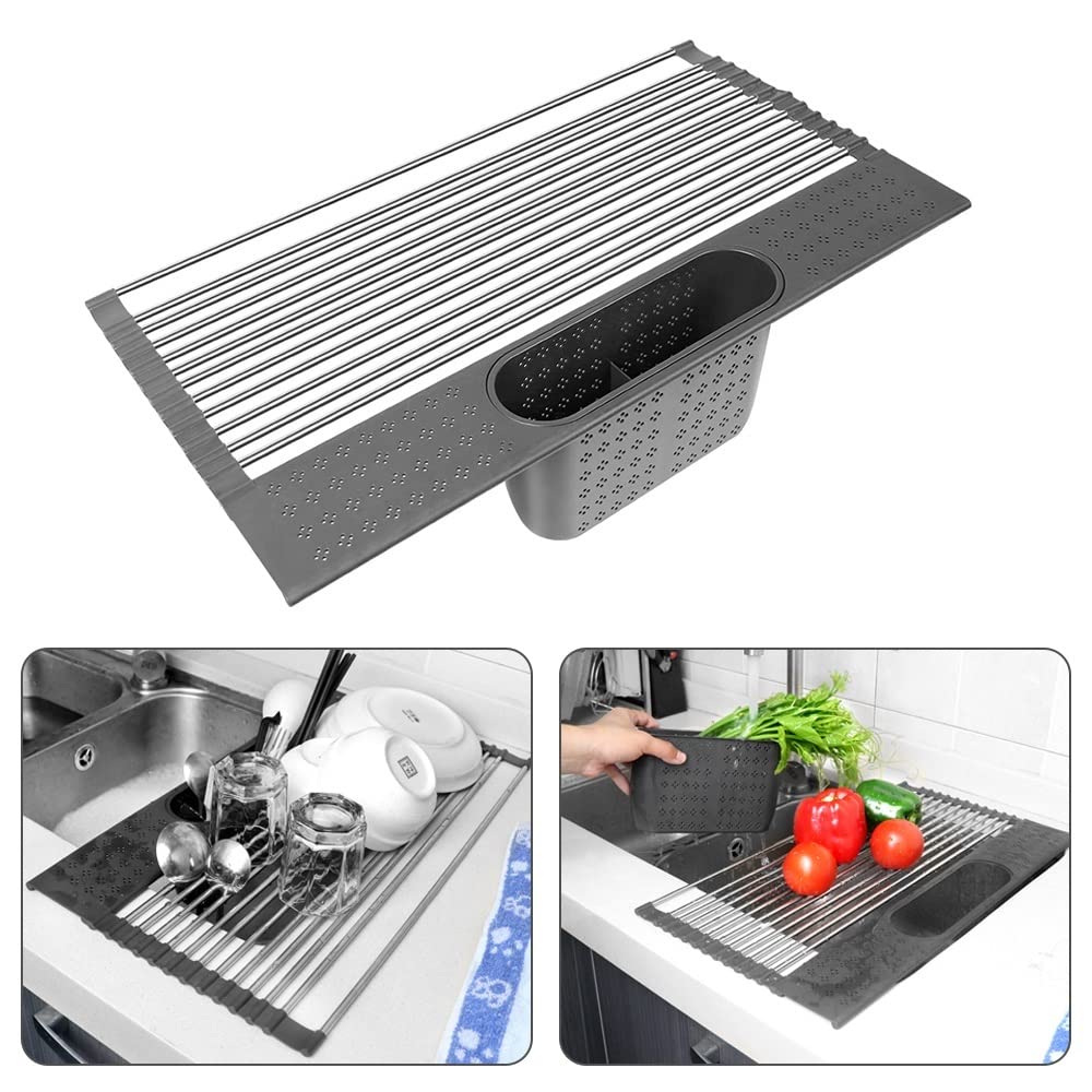 Rejilla de drenaje Multi-uso de la caja de secado de la cocina sobre fregadero enrollable plato secado rack fruta plegable fruta vegetal carne organizador de carne de escurridor Rejilla escurridora