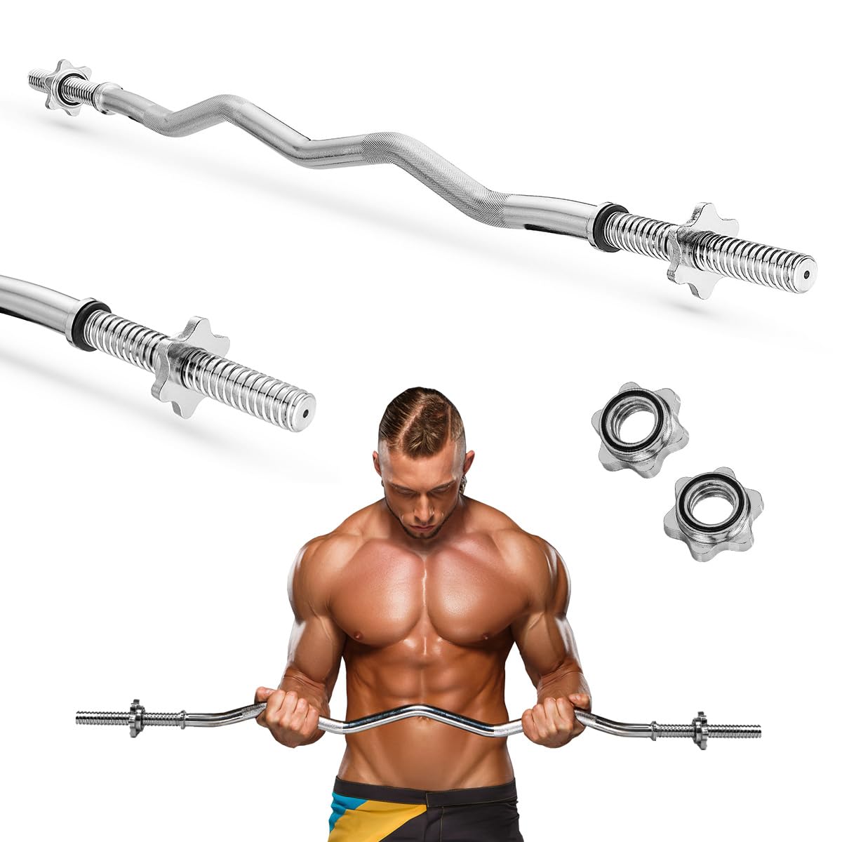 Gymtek Barra de pesas larga – Barra de pesas – Barra de pesas – Pesas – Acero endurecido – Pesos hasta 85 kg – Diámetro 27 mm – 120 cm de largo – estriada – Abrazaderas en estrella