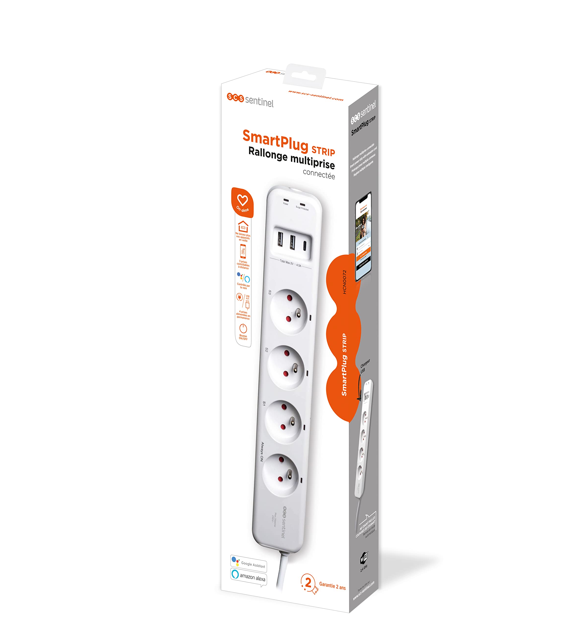 SCS Sentinel, HCN0072, Rallonge multiprise connectée, Cordon d'alimentation 1.5 m, 4 Prises + 3 Ports USB, 3 Prises contrôlables à Distance, 4 Prises alimentées en Permanence, SmartPlug Strip