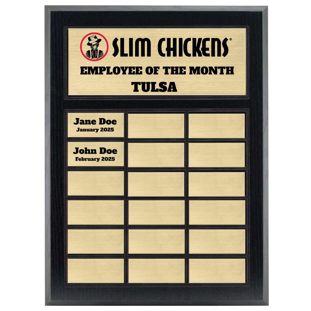 Custom Perpetual Plaque, Employee of The Month, Salesman of The Month Appreciation Award Gold Plates on Matte Black Pressed Board (18 Plate)