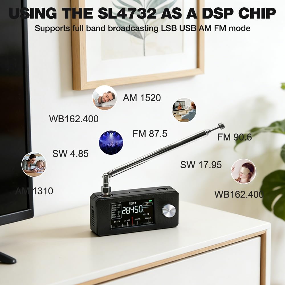 NAVESO SI4732 Mini Radio, Mini SI4732 Pocket Radio para Transmisión Am, FM, LSB y USB, 0,5 A 108 MHz, Control ESP 32-S3, Pantalla LPS de 1,9 Pulgadas y Antena Telescópica Portátil
