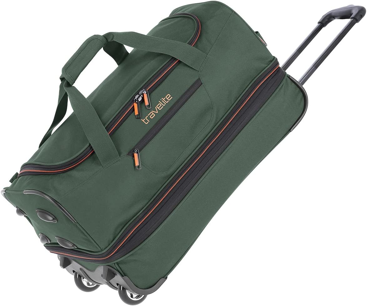 travelite Trolley Travel Bag with Wheels Medium Size, Expandable, Basics, Soft Luggage roll Bag with Expansion fold, 55 cm, 51-64 liters, Wine Red/Orange, 55cm, Wheeled Travel Bag