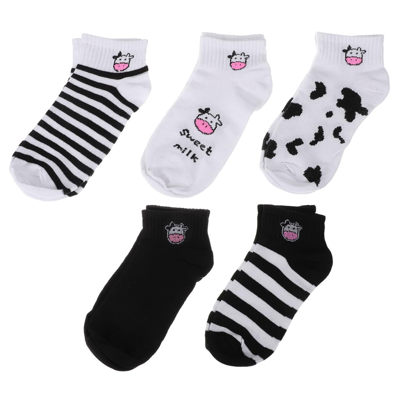 Garneck Calcetines de Vaca de Algodón 5 Pares Negros y Blancos, Corte | Fiesta Verano, Calcetines Cortos para Mujer, Calcetines Novedosos para Mujer, Calcetknes Edtampado Vaca