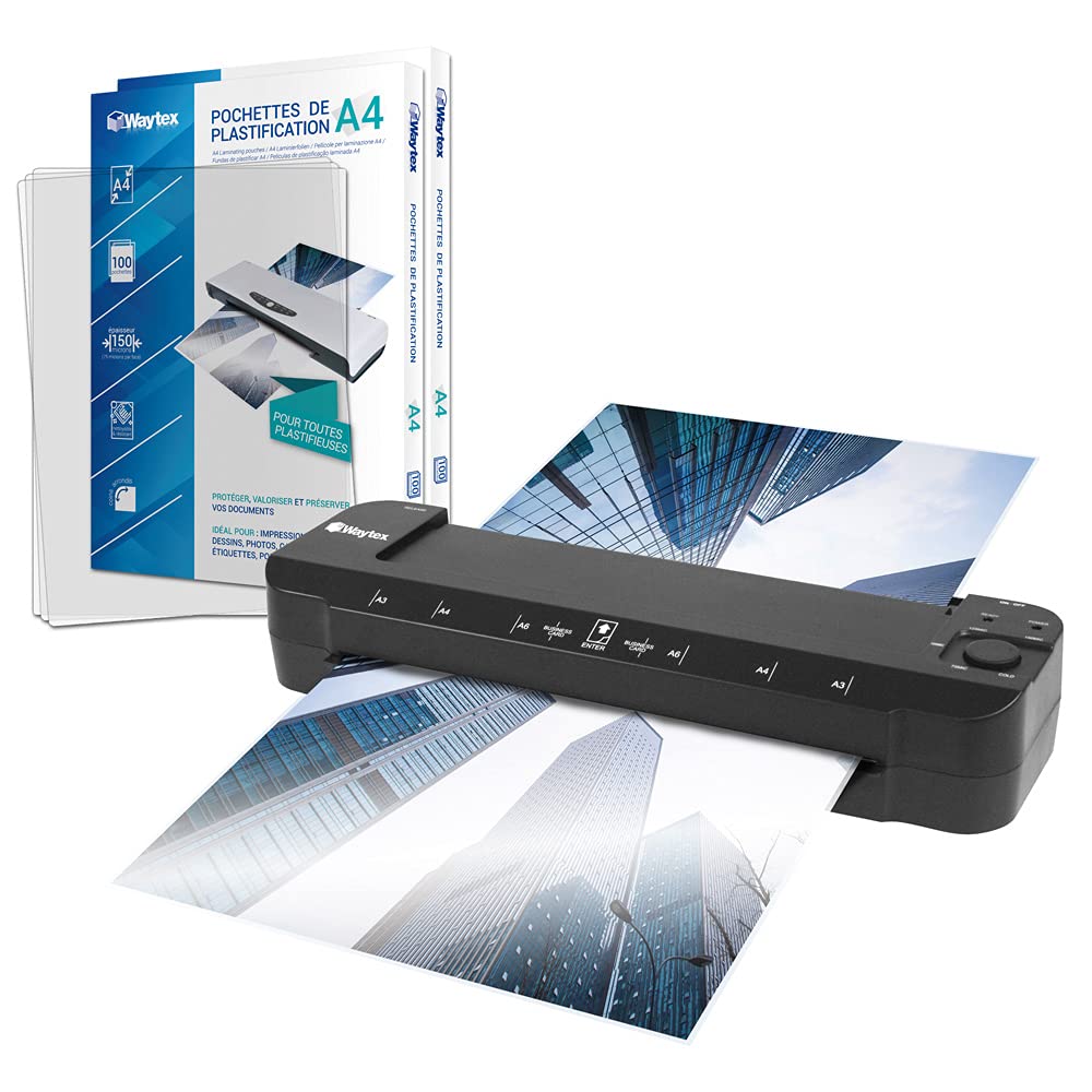 Plastificadora A3 A4 A5 A6 A7 Pro Ultra rápida en caliente y fría hasta 2 x 150 micras Temperatura ajustable para uso profesional intensivo Pack con 200 fundas A4