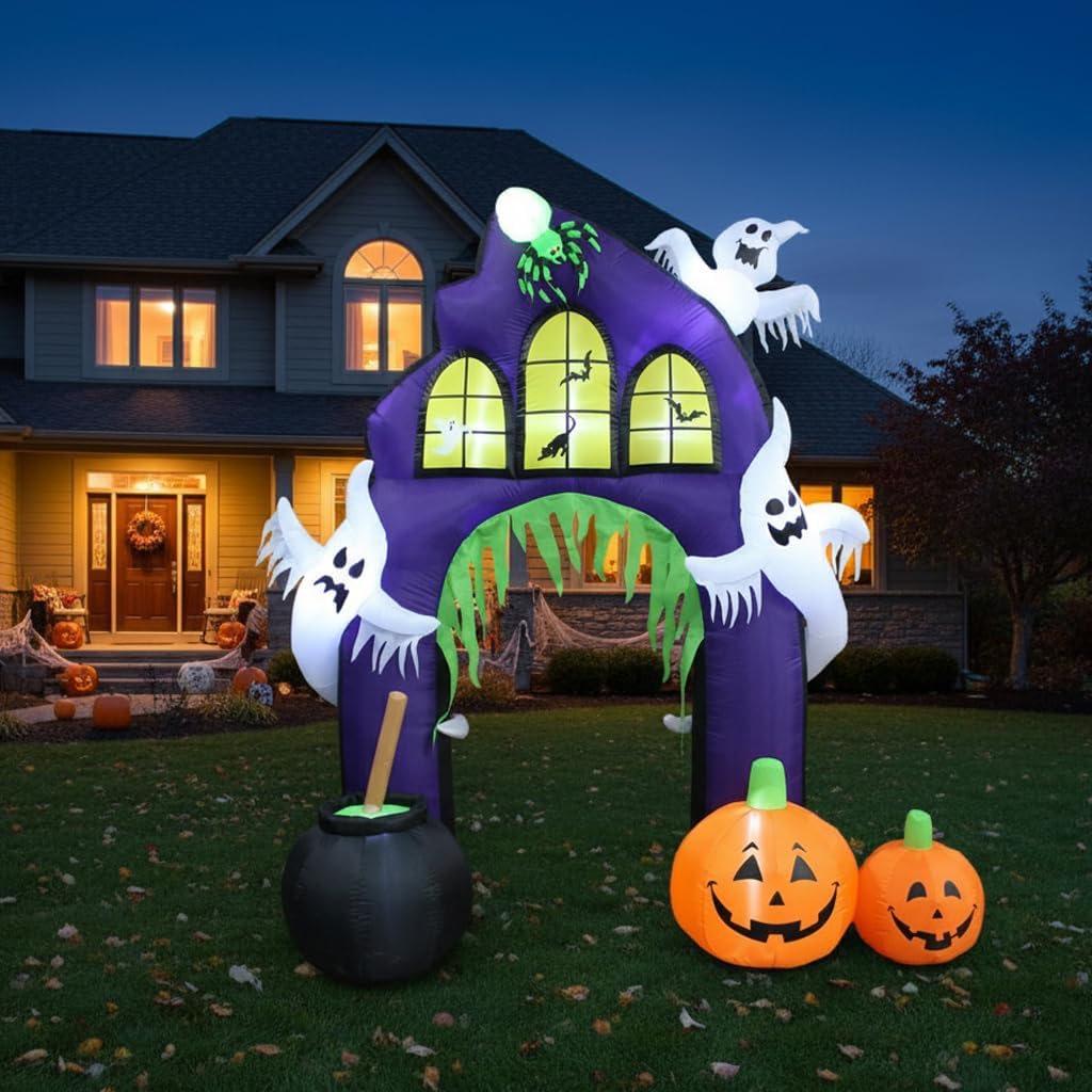 9 FT Tall Halloween Inflatable Castle Archway with Pumpkins Spider Ghosts Cauldron LED Lights Decor Outdoor Indoor Holiday Decorations, Lighted Yard Blowup, Lawn Blow Up Home Family Party