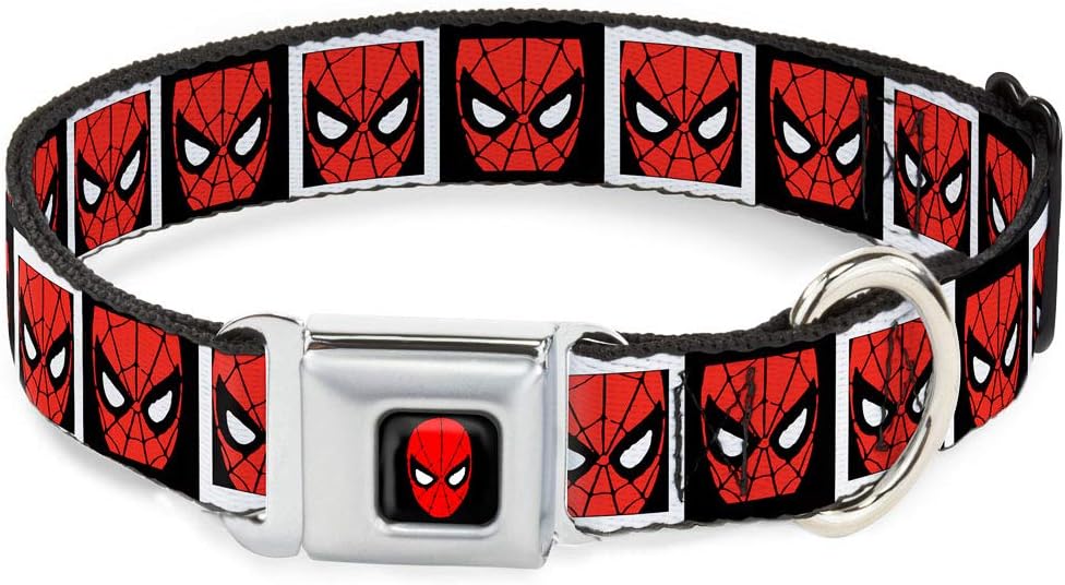 Buckle-Down Seatbelt Buckle Dog Collar - Spider-Man Face Black/White Blocks - 1" Wide - Fits 15-26" Neck - Large