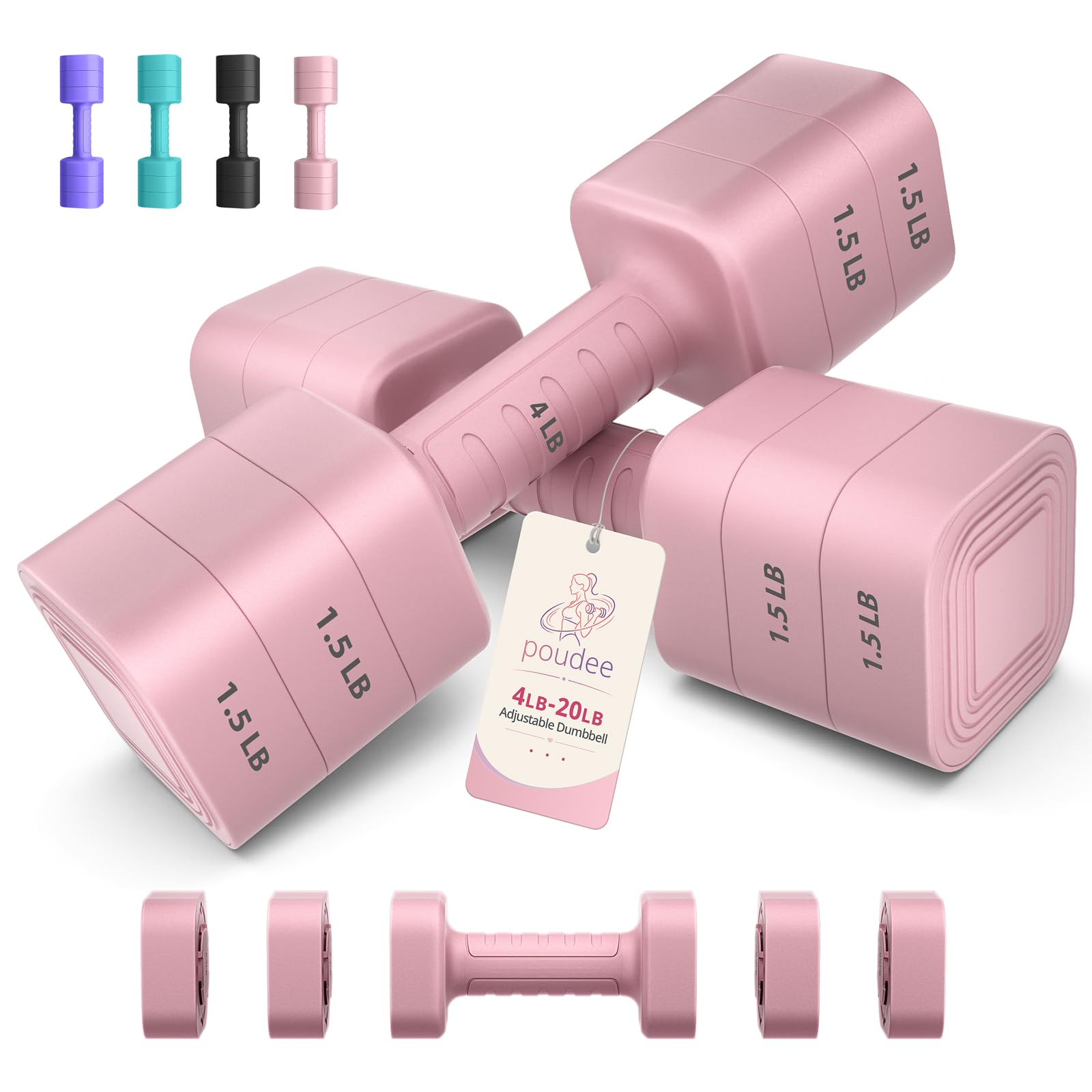 Poudee Adjustable Dumbbell Set, 3-in-1 Hand Weights for Women and Men at home,2lb/3lb/5lb/10lb/15lb/20lb, Adjustable Weights for Home Gym, Pilates, Yoga, Strength Training, Anti-Slip Handle, Pink
