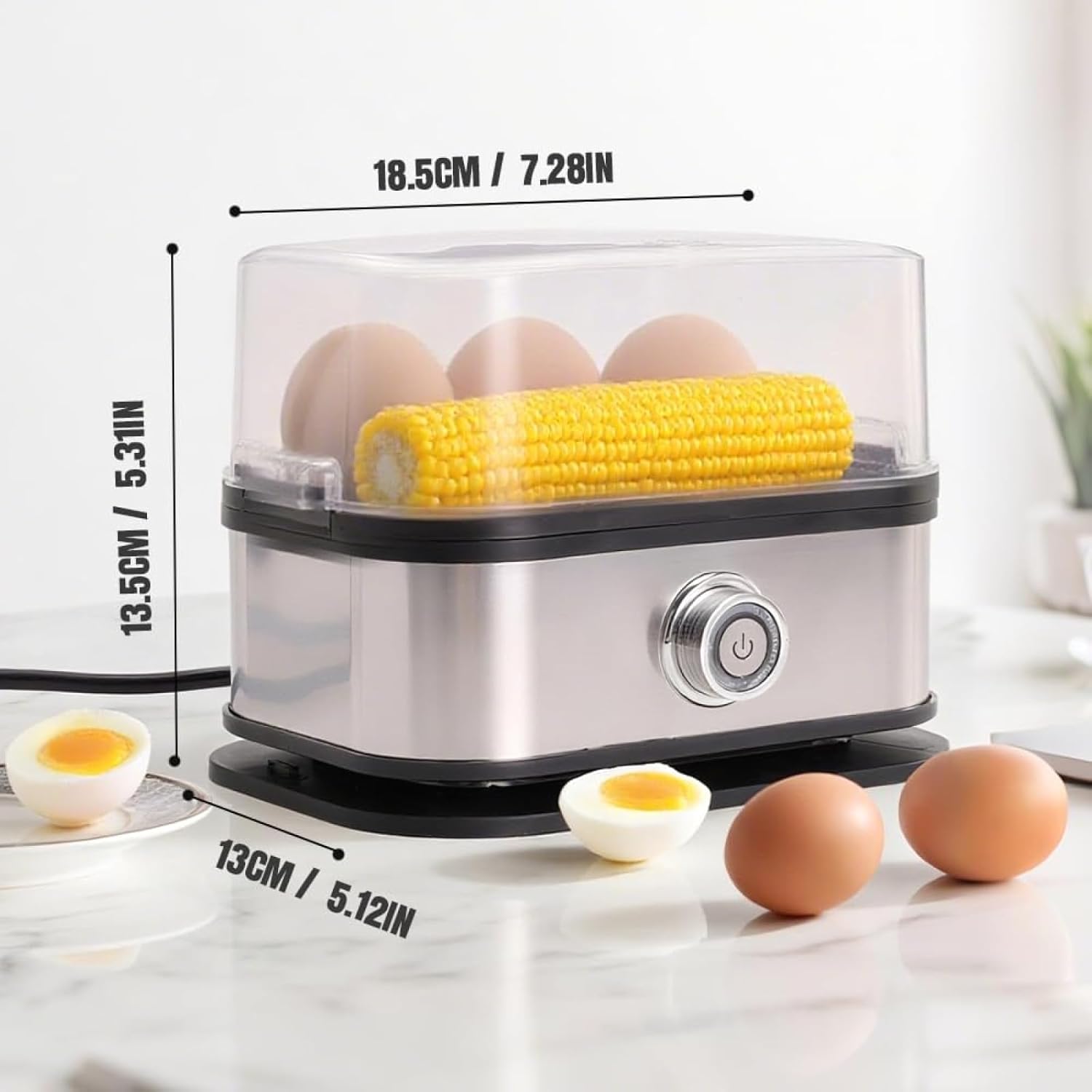Electric Egg Cooker with Auto Shut-Off, 6 Egg Capacity for Hard, Medium, or Soft Boiled Eggs and Steaming