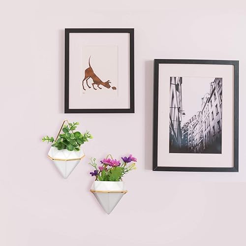 Miniatura 5 de Paquete de 2 macetas colgantes geométricas para decoración de pared, contenedor de cerámica para colgar con marco de metal para plantas suculentas,