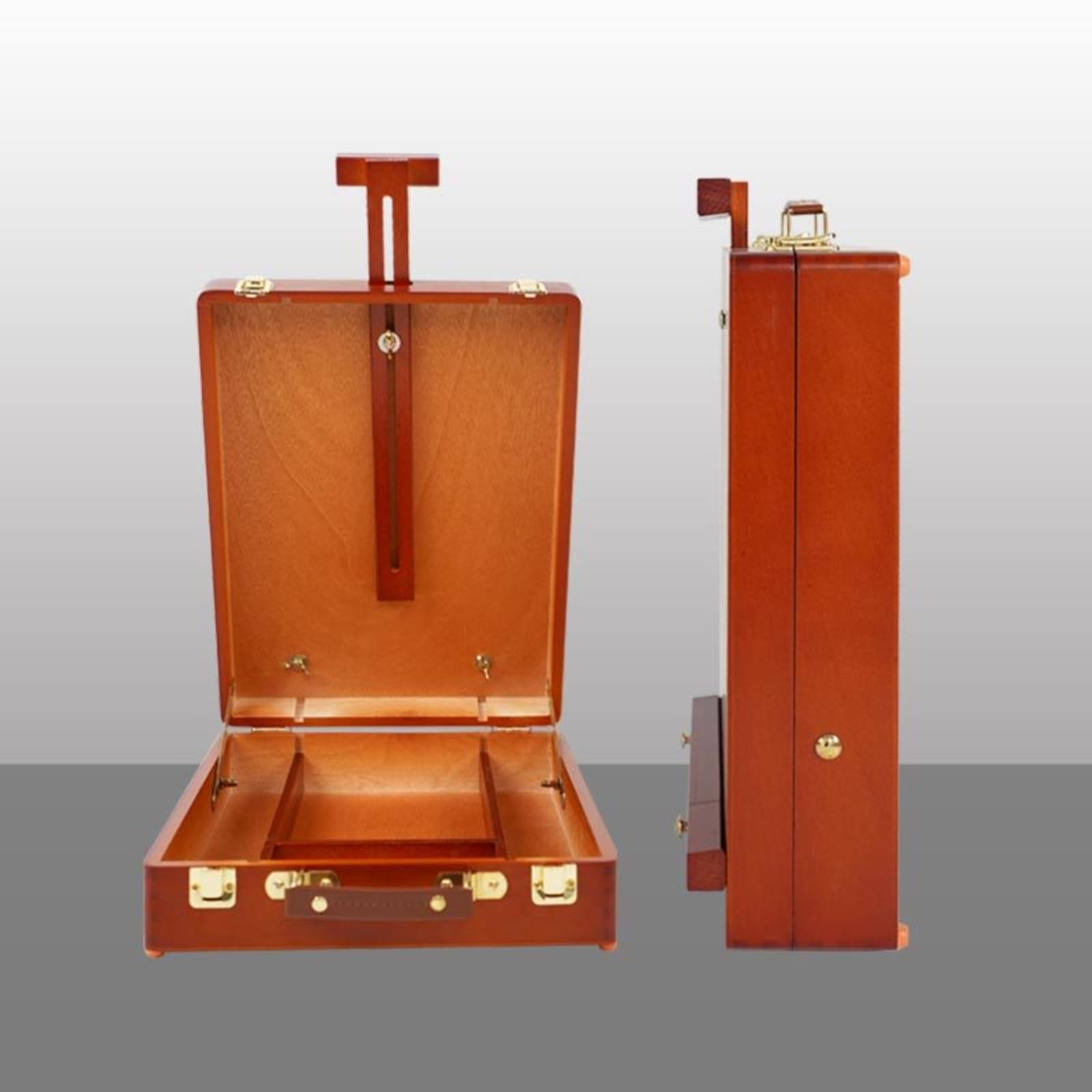 Holz Malbox Zeichenkoffer Atelierkoffer Staffelei Tragbar mit Deckel als Tischstaffelei Aufbewahrung mit Fächern Ledergriff für Atelier Reise Unterricht, Rotbraun