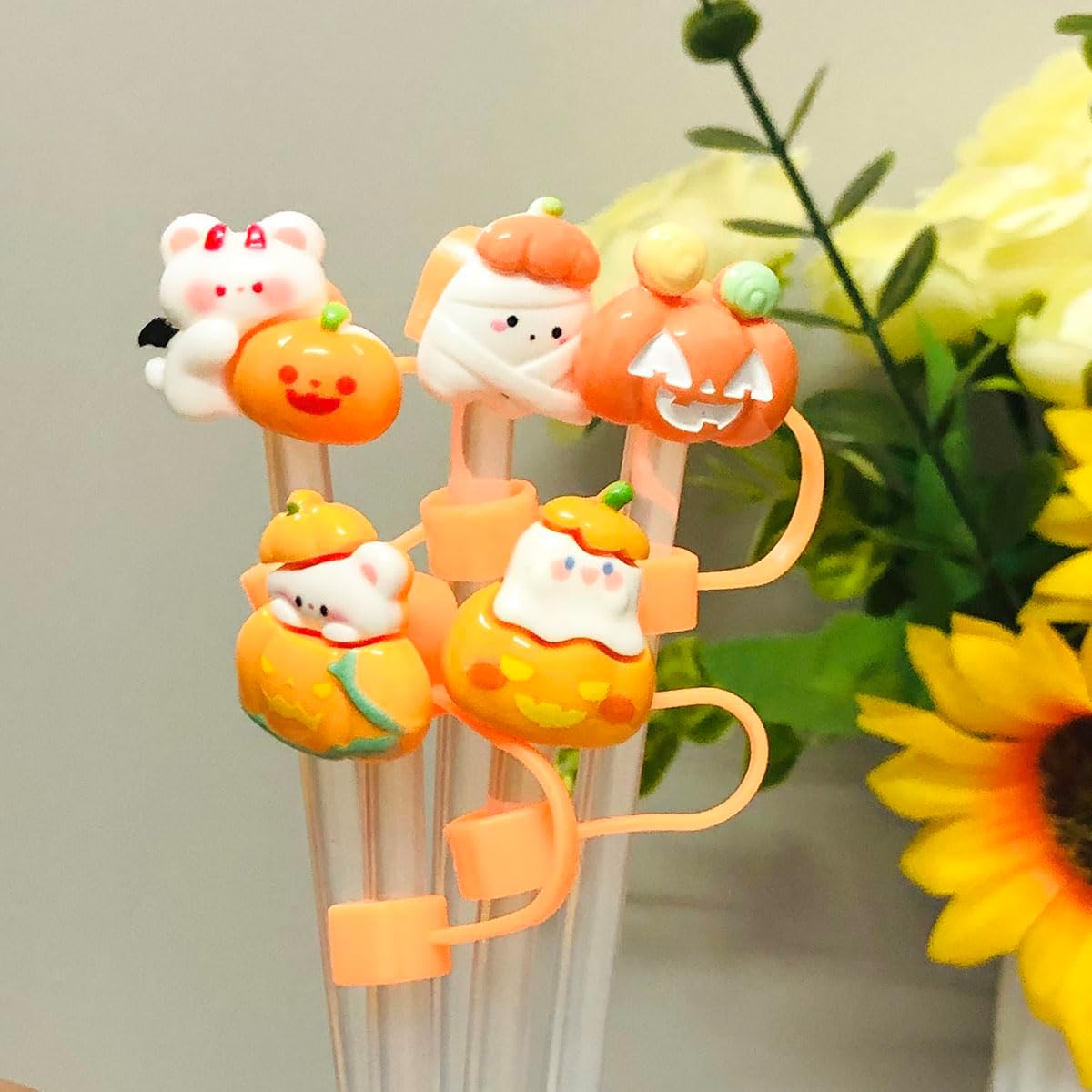 5PCS Straw Cover Caps Set, Cute Pumpkin Pattern Design Straw Toppers, 10mm Silicone Reusable Drinking Straw Topper, for Halloween Decor, Party Supplies image 5