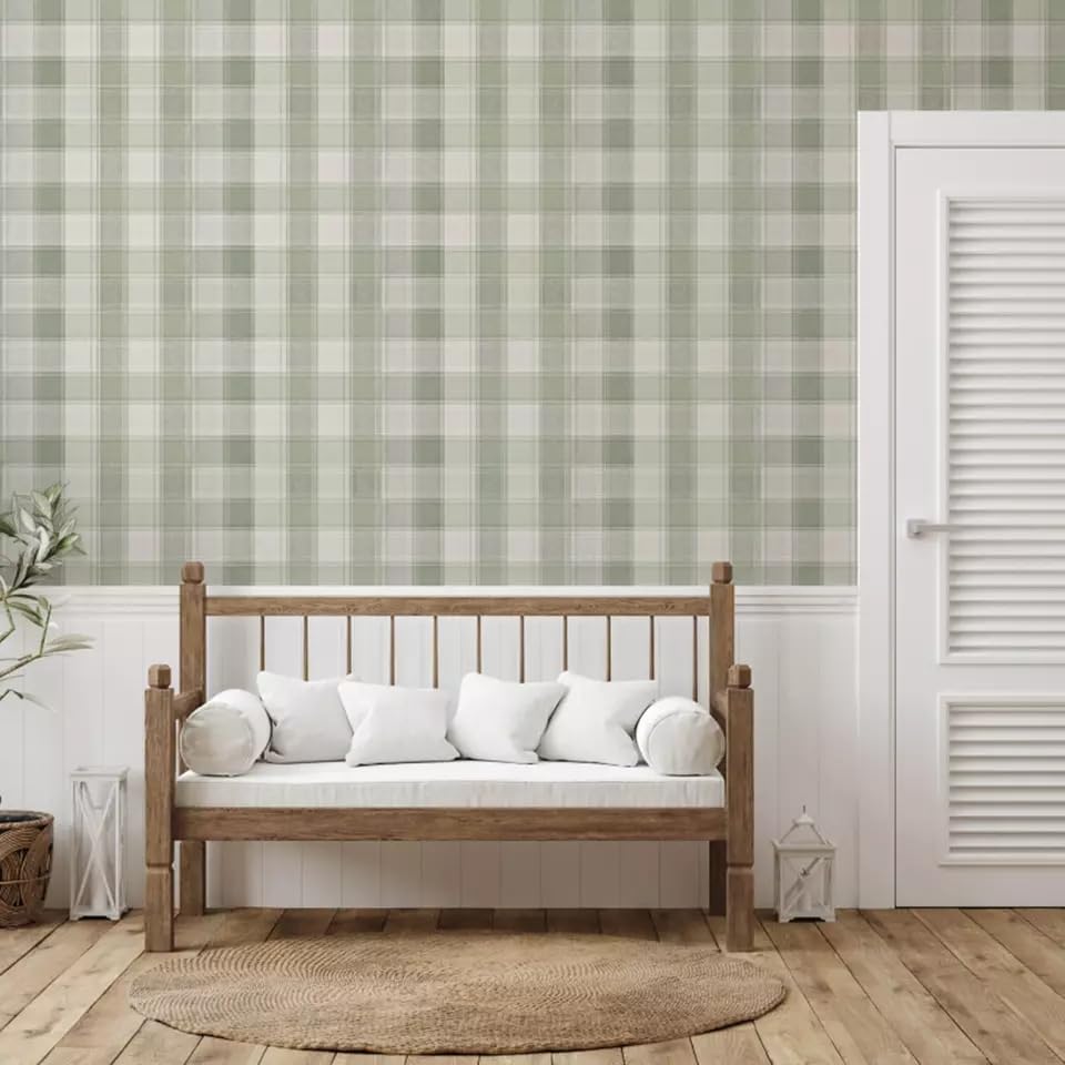 SOPHIE LAURENCE Sage Green Check Wallpaper - Textured Country Style, Heavyweight Paper, Spongeable & Wet Removable, 10.05m x 0.53m Roll, Paste The Paper Application