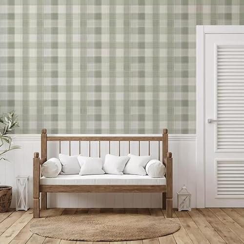 SOPHIE LAURENCE Sage Green Check Wallpaper - Textured Country Style, Heavyweight Paper, Spongeable & Wet Removable, 10.05m x 0.53m Roll, Paste The Paper Application