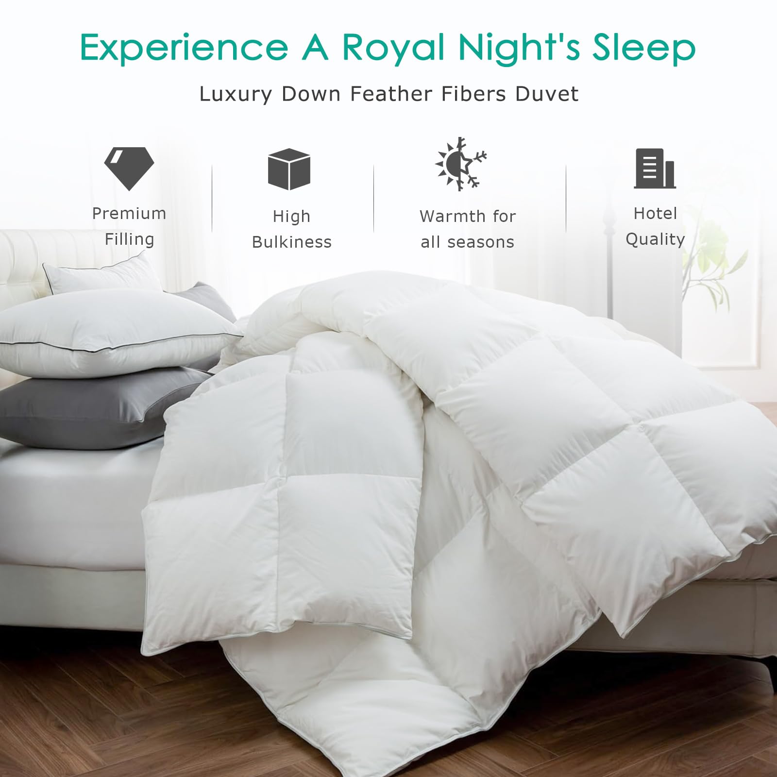 APSMILE Premium Down Feather Fiber Comforter Queen Size, All Season Duvet Insert Queen Size with 8 Corner Tabs, Ultra Soft Poly-Cotton Cover Down Feather Fiber Comforter (White, 90 * 90