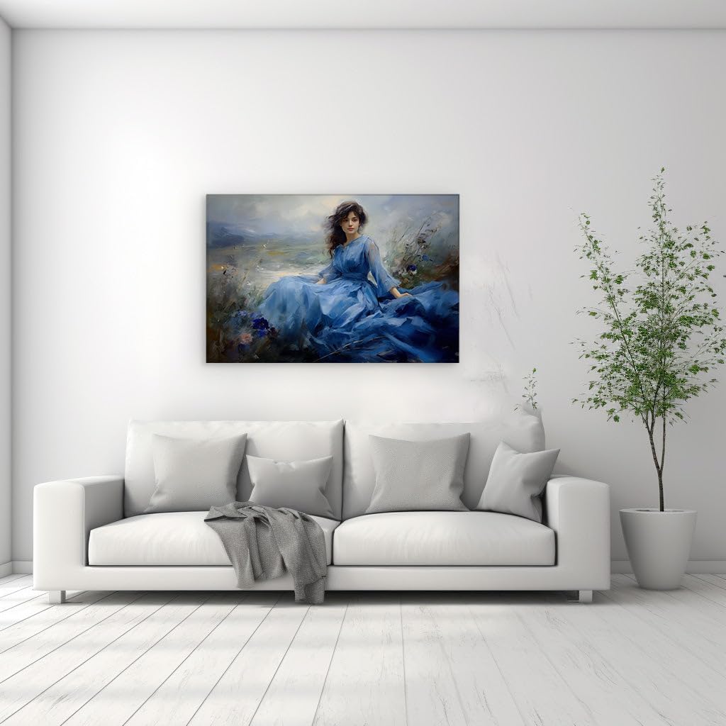 Canvas for Living room. Young Woman in Blue: A Serene Portrait Amidst Pastoral Bliss, 27 x 18 inch Canvas Wall Art - Contemporary Masterpieces - Modern Home Decor - 69x46 cm (27x18 inch)