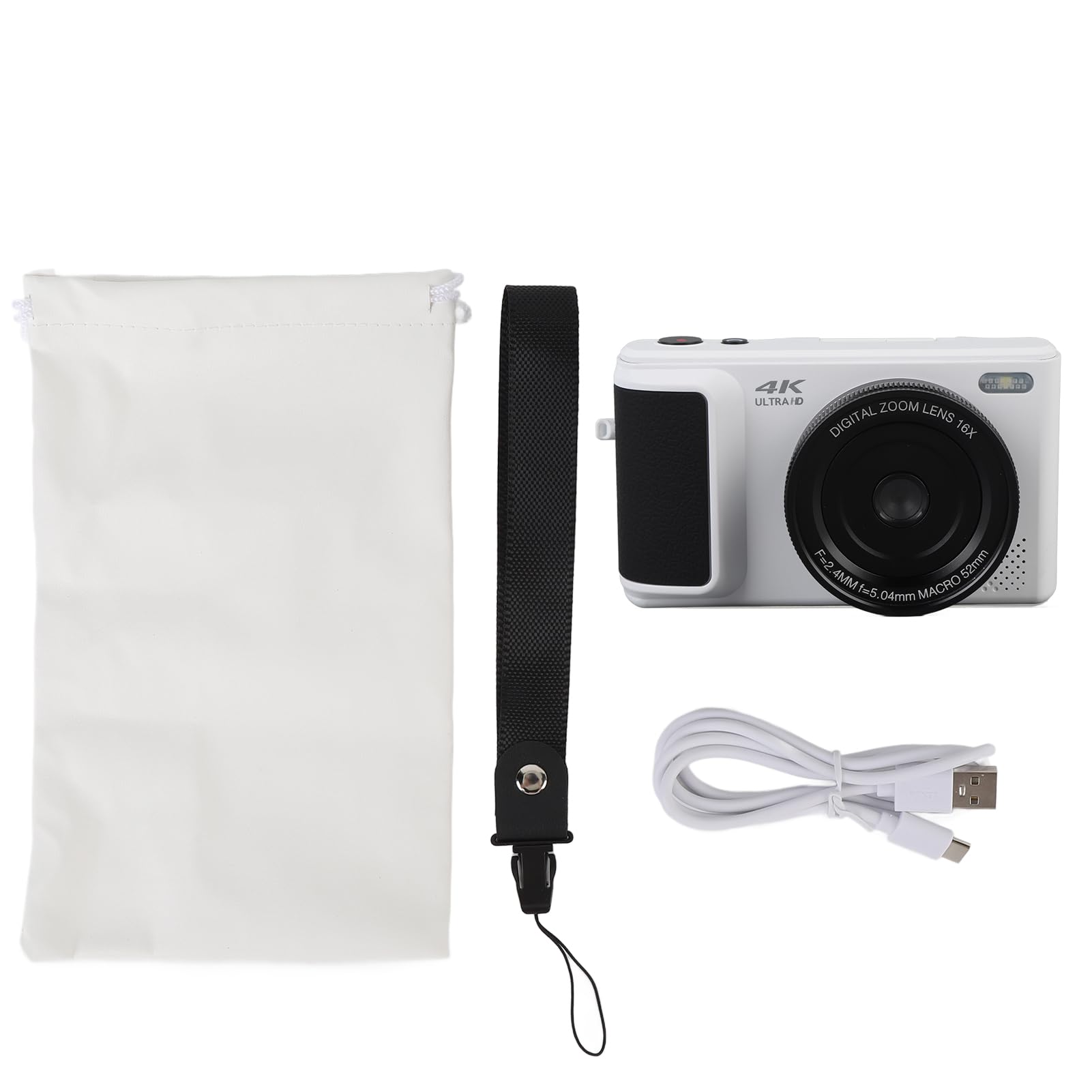 Garsent Camera Digitale 4K per Fotografia, Videocamera da 64 MP con Zoom 16x, Fotocamera da Viaggio Compatta con Schermata a Fogli Mobili da 2,8 "con Batteria, Fotocamera Vlogging a (WHITE)