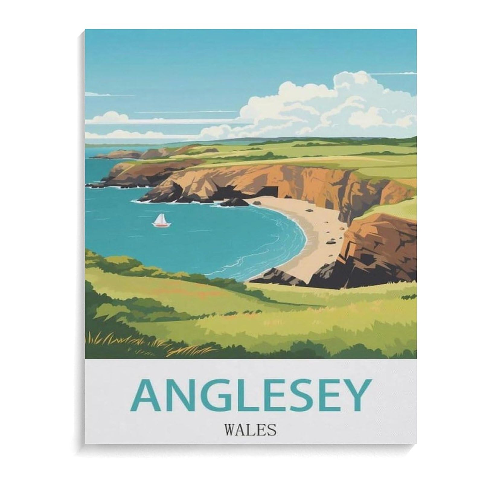 Beayodkp A22 Paint By Numbers For Adults，Anglesey Vintage Travel Poster Wales，Diy Oil Painting Paint By Number Kits Linen Canvas Wall Art House Decor（40X50cm）-J34