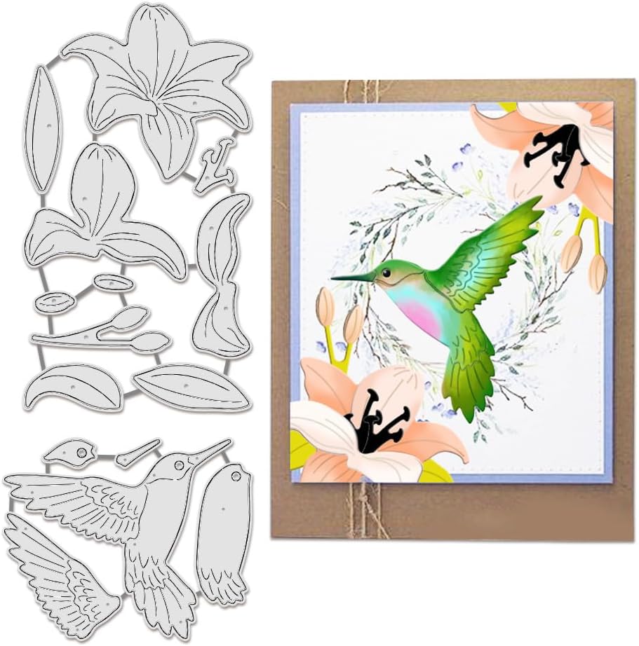 BENECREAT 2pcs Bird Flower Metal Die Cuts, Hummingbird Lily Leaves Cutting Dies Cut Stencils Embossing Stencils Template for Paper Card Making Decoration DIY Scrapbooking Album Craft Decor