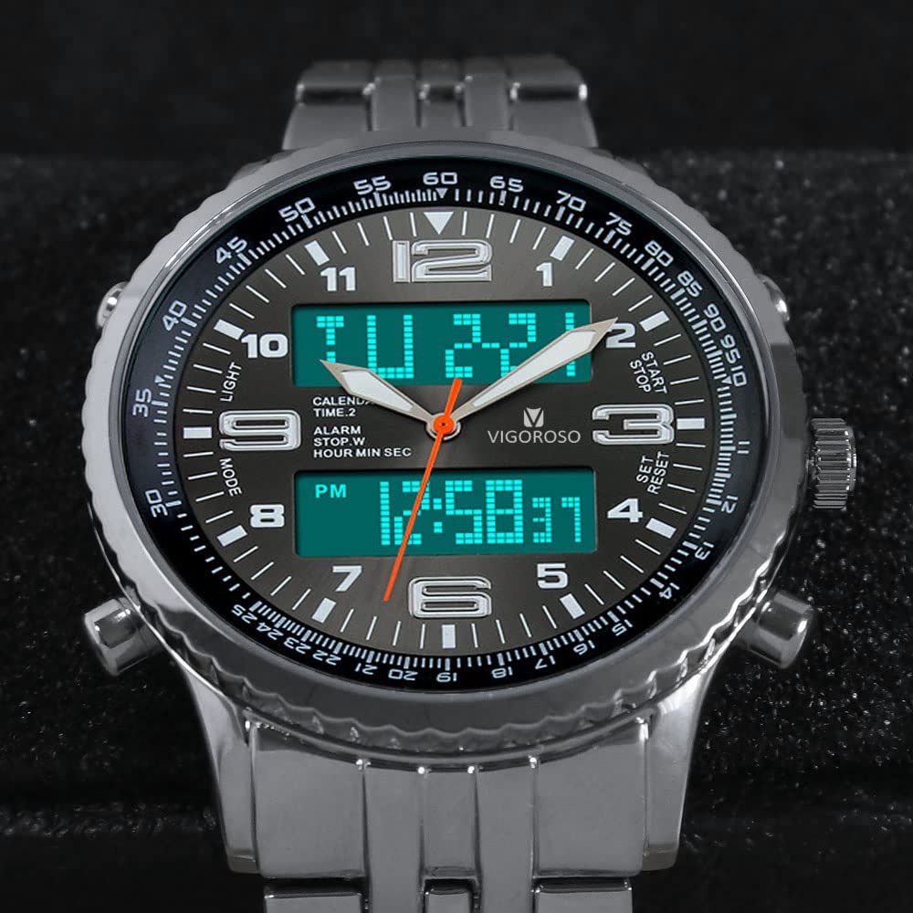 VIGOROSO Orologio da uomo analogico digitale a LED, con data, settimana, sportivo, in acciaio nero, da uomo