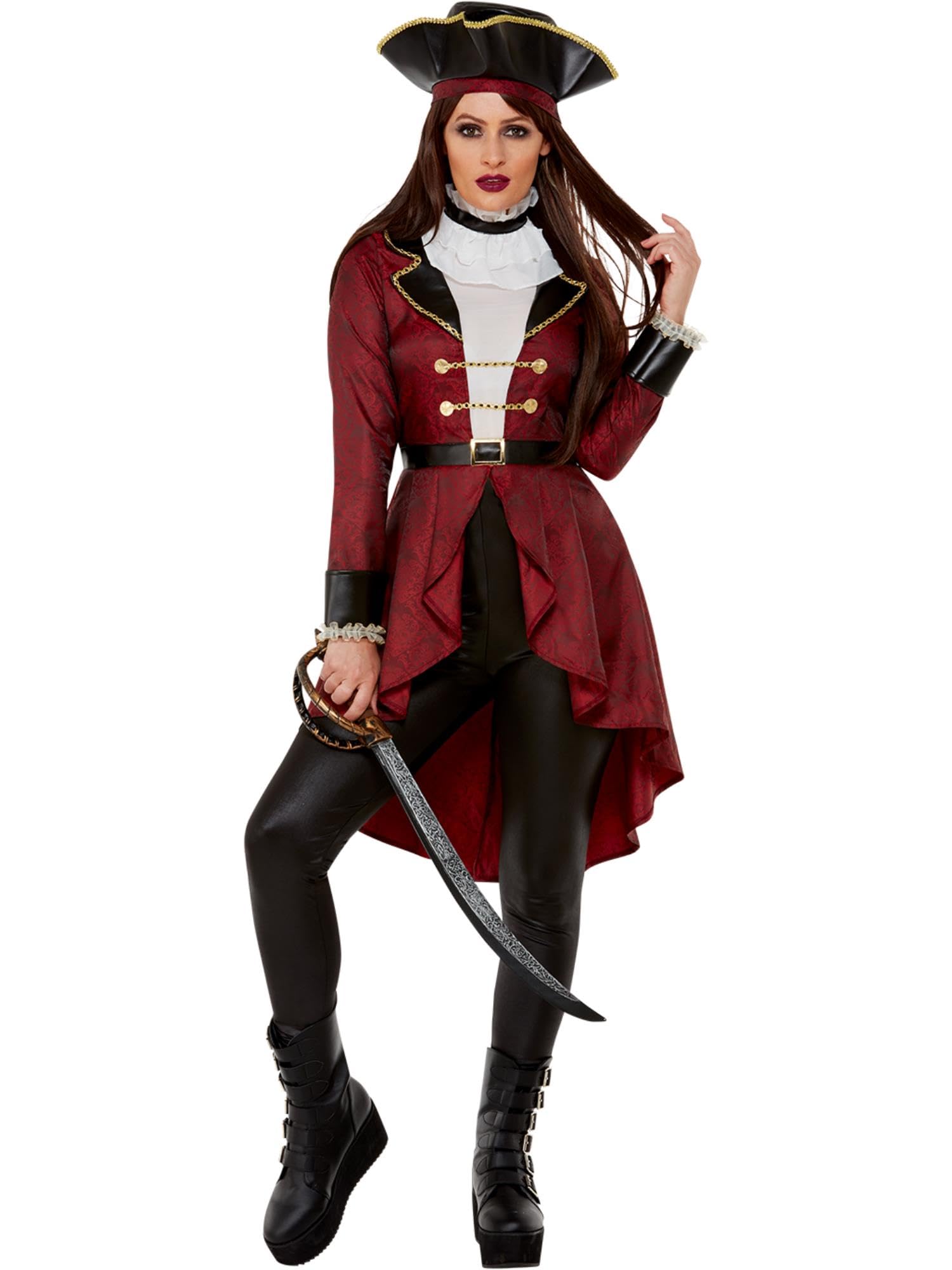 SMIFFYS Costume deluxe da pirata spadaccino, Bordeaux, Giacca, leggings, volant sul collo e cappello Halloween