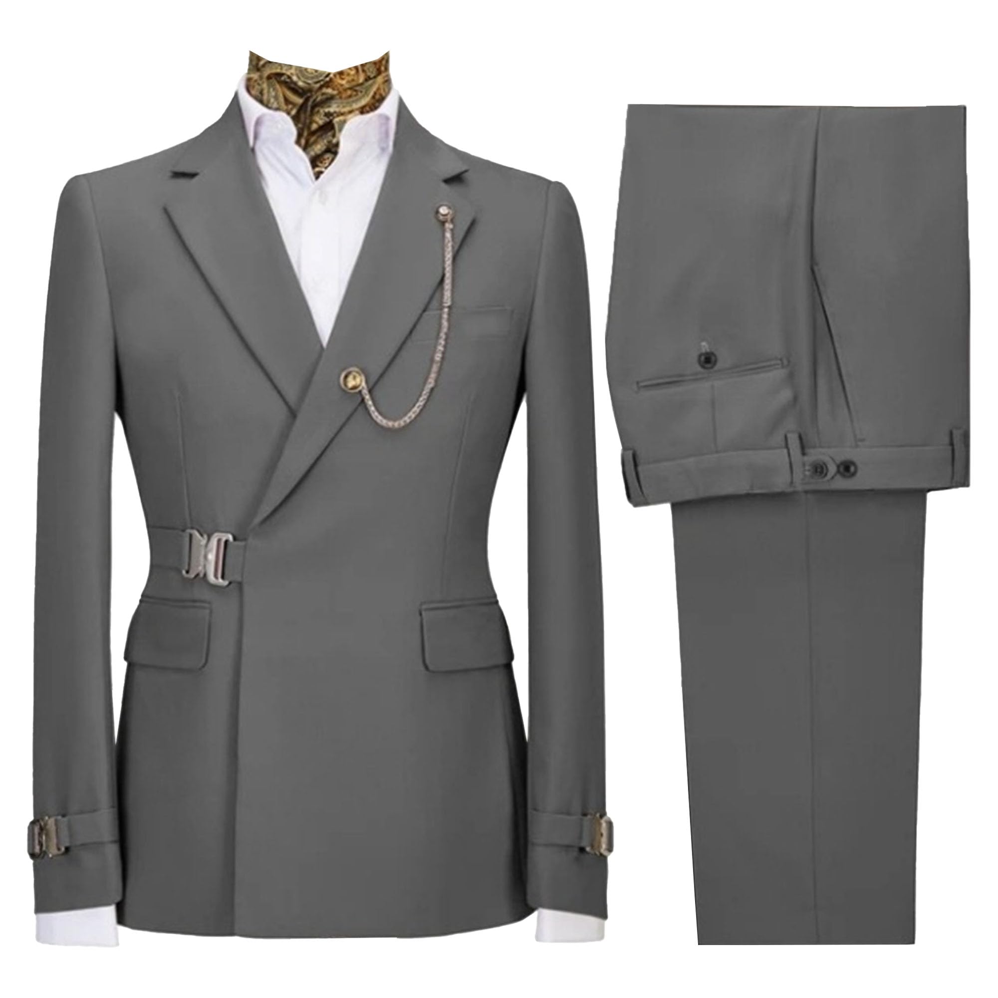 jeshifangjiusu Men's 2 Piece Suit with Metal Clasp Slim Fit Suit Stylish Business Pants Casual Wedding Grooms Tuxedo Suit-picture-53