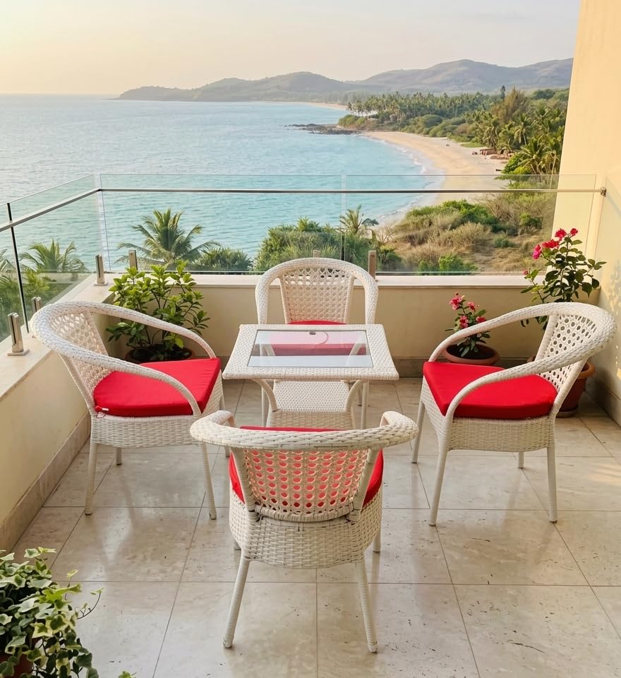 5-Piece Outdoor Rattan Wicker Patio Bistro Set with Glass Top Table | All-Weather Patio Furniture Set for Garden, Balcony, Backyard, Porch & Outdoor Seating (Off White Red Cushion)-image-36