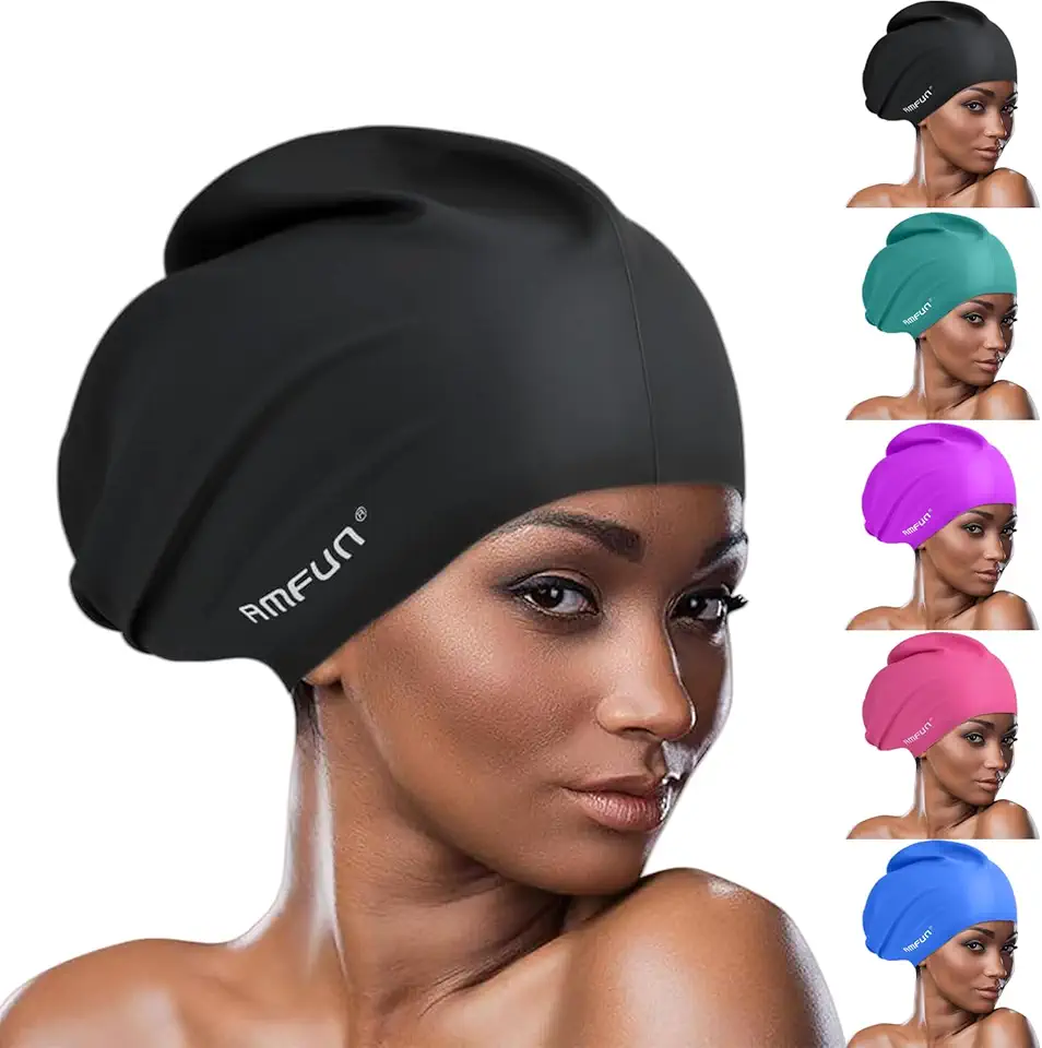Swimming Cap for Long Hair, Extra Large Swimming Caps for Women &amp; Men, Silicone Adult Swim Cap, Waterproof Swimming Hat for Dreadlocks, Weaves, Curls, Hair Extensions, Braids, Afros, Black