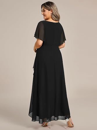 Ever-Pretty Plus Women's V Neck Applique Plus Size Wedding Guest Dress Applique Short Sleeves Maxi Foraml Dresses