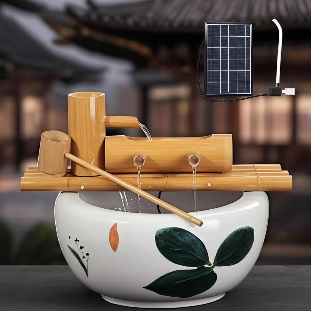 Kit Fontana Solare in bambù con Pompa, Decorazione in bambù Resistente alle spaccature, Cascata Giapponese in bambù per terrazza, Cortile, laghetto, Giardino,30cm
