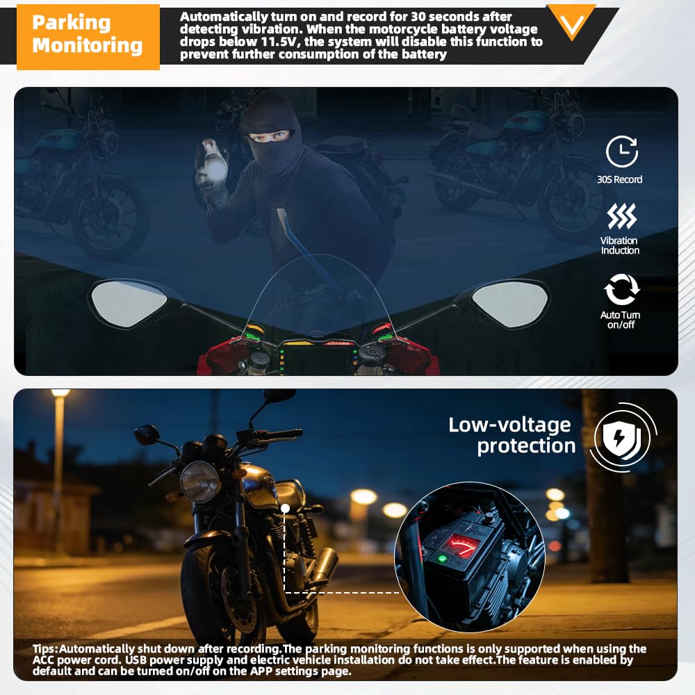 VSYSTO Motorrad Dashcam, Zwei 2K Starlight Nachtsichtkameras mit 5G WLAN, Parküberwachung, GPS, TPMS, wasserdicht, Temperaturanzeige, Unterspannungsschutz (Q3PRO)