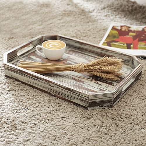 MyGift 16.5 Inch Torched Wood Decorative Tray, Octagon Shaped Wooden Board Drink Serving Platter with Cutout Handles, Table Centerpiece Base and Ottoman Home Decor - Image 3